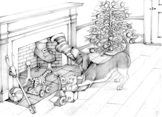 graphite illustration hound pulls santa from chimney