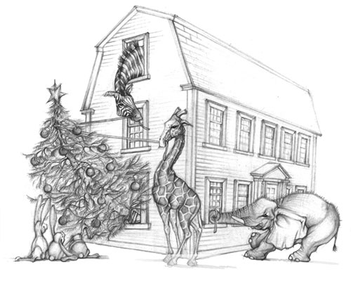 graphite illustration african animals pull christmas tree in house