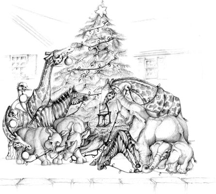 graphite illustration african animals zebra, ostrich, elephant, rhino trimming christmas tree