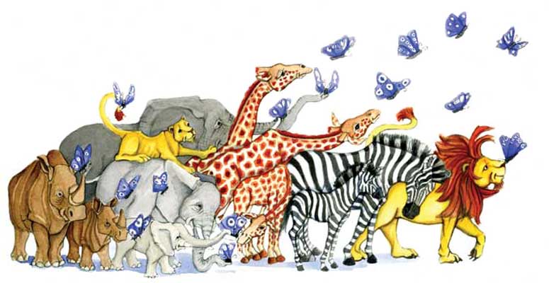 Gouache illustration, african animals, butterflies migration