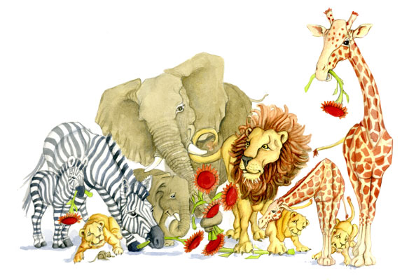 watercolor ilustration of the peaceable kingdom with lion, zebras, elephants