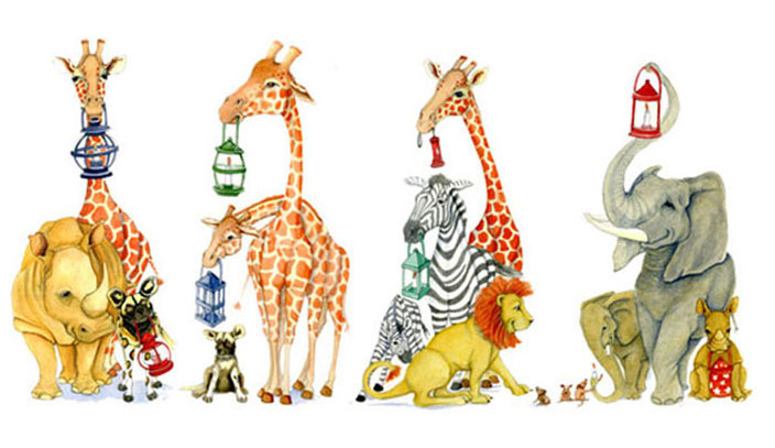 gouache and watercolor illustration african animals zebras, elephants, wild dogs, giraffes painted