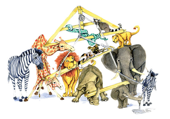 Plumblines and beams, gouache-watercolor illustration