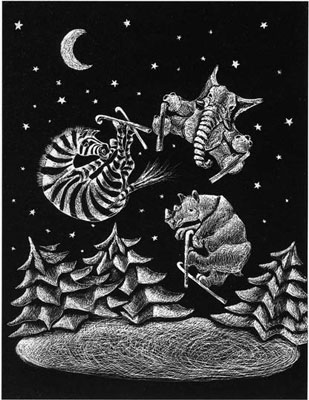 scratchboard illustration elephant, zebra, rhino on skis