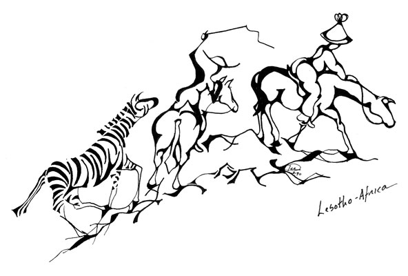 screenprint, pony trekking, lesotho africa, horse, zebra