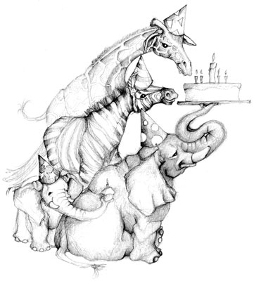 graphite illustration elephant, giraffe, zebra hold birthday cake