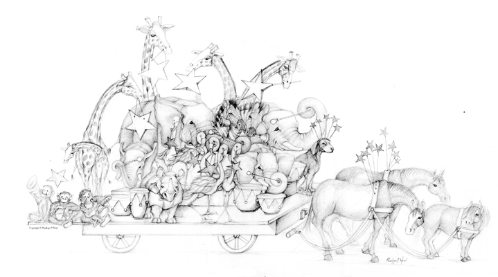 graphite illustration junkanoo celebration with african animals, ponies, animals sketch
