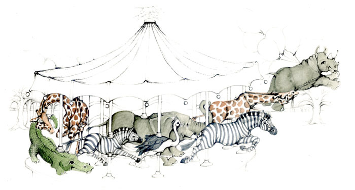 graphite illustration african animals flying off merri-go-round