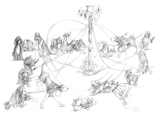 may day celebration with dogs running around may pole
