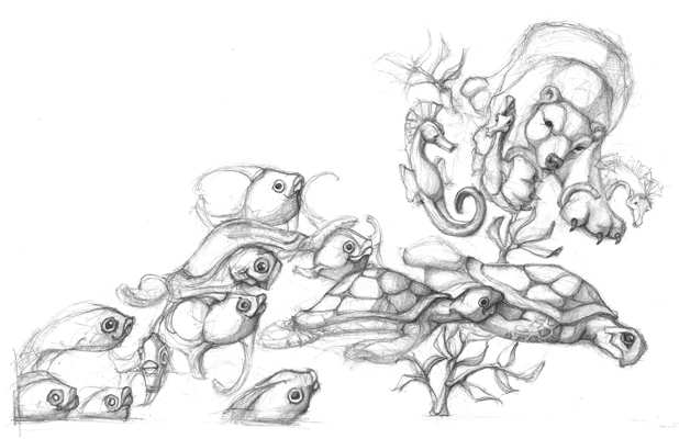 graphite illustration polar bear, fish, sea horses under water sketch